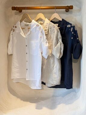 SET Embroidered Shoulder Button-Down Shirt - White, Beige & Navy and pants